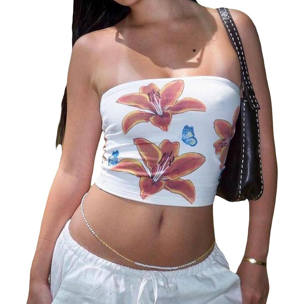 Women Y2k Tube Top Floral Print Bandeau Top Strapless Summer